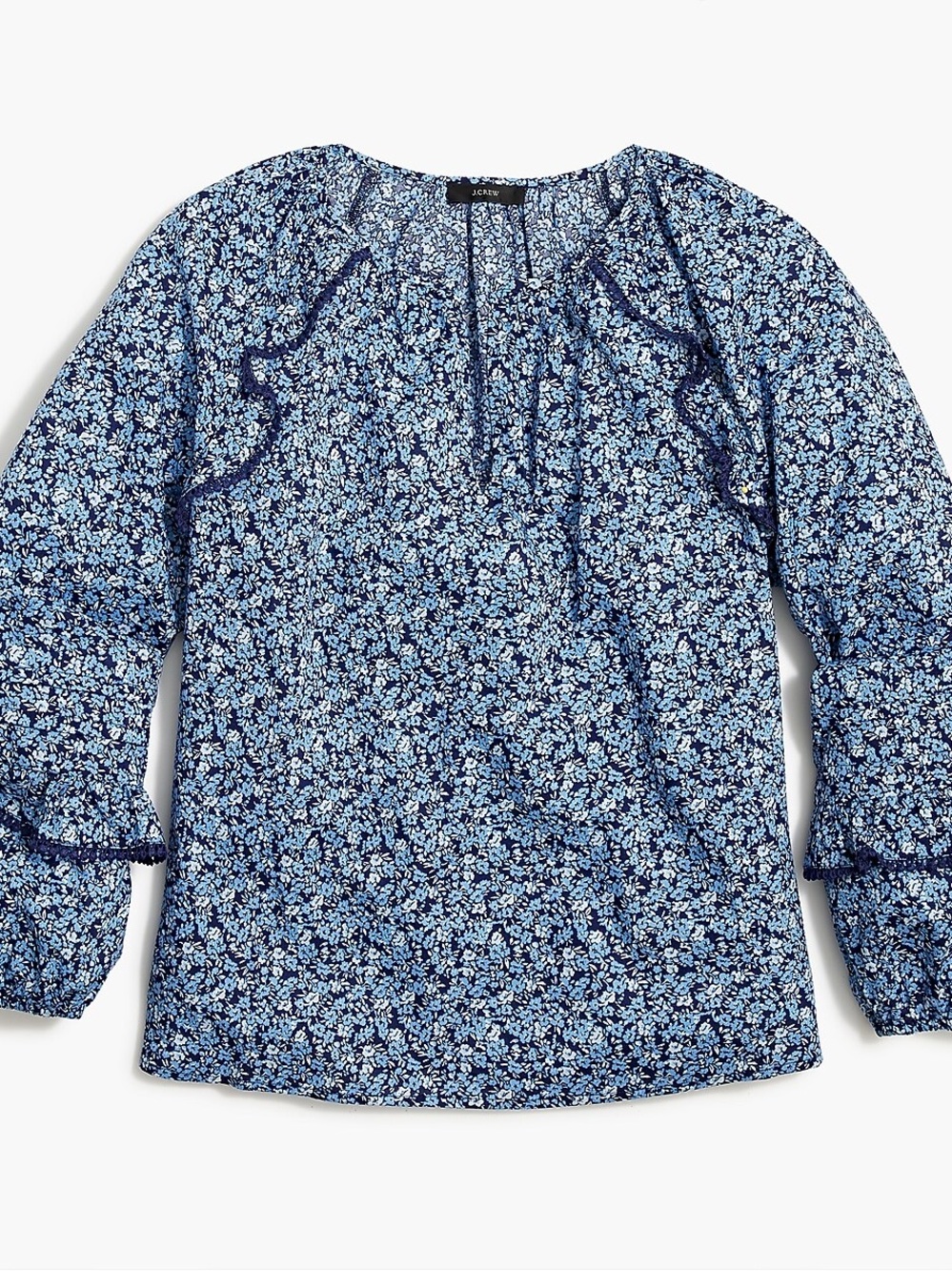 🩷 J. Crew Navy and Light Blue Floral Ruffle Blouse Size M with tiered sleeves🩷